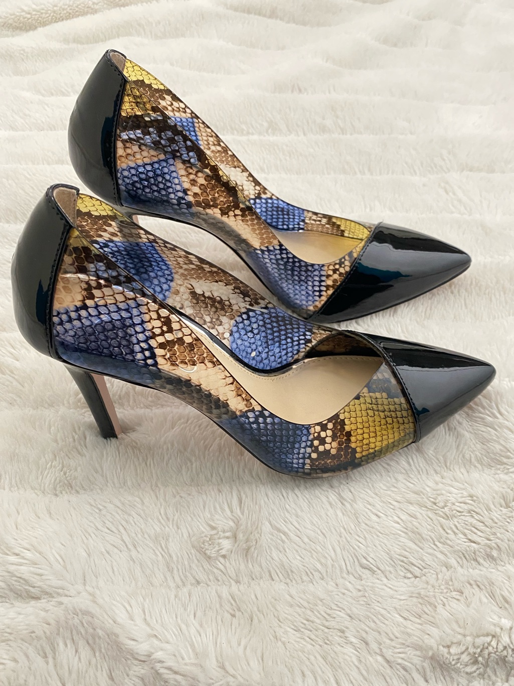 Jessica Simpson Black Patent & Multi-Color Snake Print Pvc Pointed Pumps Size 8